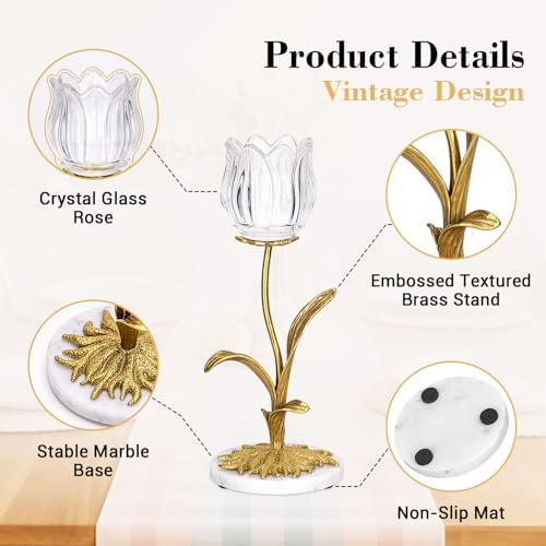 Candle Holder, Cut Rose Shaped Brass Candle Holder High-end Light Luxury Creative Art Crystal Glass Flower Candle Sticks Holder Decor Marble Disc Base Romantic Ambiance Table Decoration - Image 2