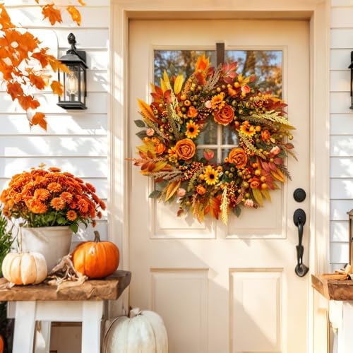 Fall Wreath for Front Door 26 Inch, Autumn Harvest Wreath Sunflowers Roses Acorns Berries, Thanksgiving Halloween Farmhouse Rustic Grapevine Twig Decor - Image 7