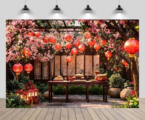 12x8ft Chinese New Year Backdrop for Photography Red Lantern Garden Altar Background for Lunar New Year Spring Festival Oriental Theme Event Decor Photo Studio Props by CHNYWORK