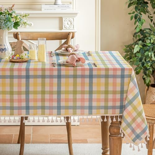 JIALE Easter Gingham Tablecloth Cotton Linen Fabric Colorful Checkered Table Cloth with Tassel, Washable Wrinkle Free Buffalo Plaid Table Cover for Spring Summer Dining Party, Multi Yellow, 55X106'' by JIALE