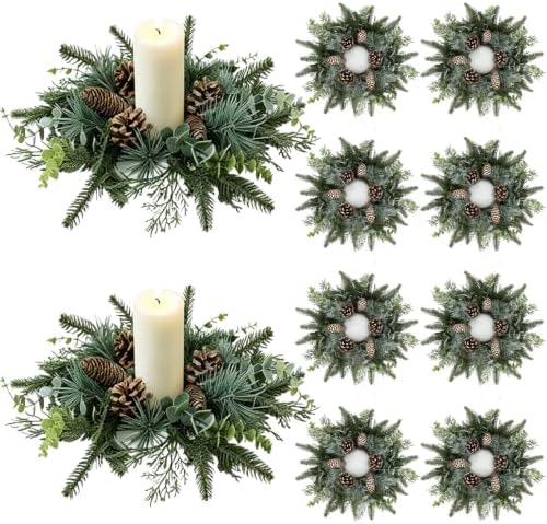 8 PCS Christmas Candle Rings Wreaths Norfolk Snowy Pine Needles Garland Pinecones Wreaths Artificial Cedar Candle Rings Holder for Christmas Wedding Home Table Centerpiece Door Window Chair Wall by Unknown