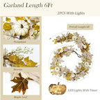 2 Pcs Fall Decorations for Home 6Ft Fall Garland with Lights, Fake Pumpkin Berry Autumn Maple Leaves Garland for Mantle Halloween Thanksgiving Harvest Fireplace Party, Fall Decor Indoor Outdoor Porch - Image 3