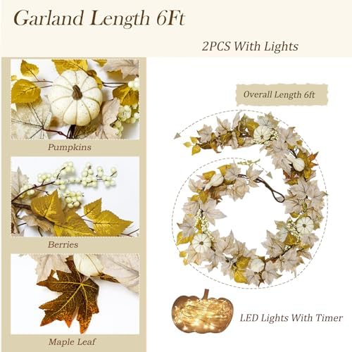 2 Pcs Fall Decorations for Home 6Ft Fall Garland with Lights, Fake Pumpkin Berry Autumn Maple Leaves Garland for Mantle Halloween Thanksgiving Harvest Fireplace Party, Fall Decor Indoor Outdoor Porch - Image 3