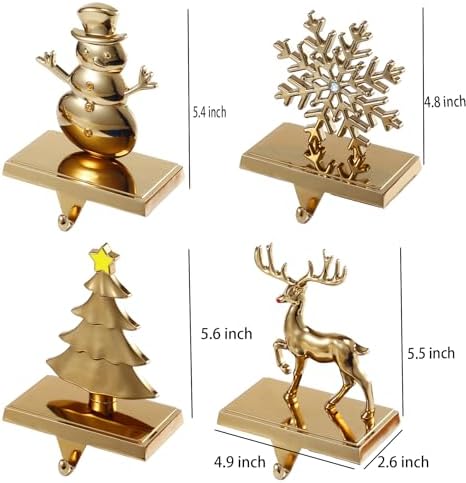 Set of 4 Antique Gold Christmas Stocking Holders for Mantel, Christmas Stocking Hanger Set-Snowflake Snowman Reindeer Tree Stocking Holder for Mantle- Metal Fireplace Hooks for Xmas Decor - Image 2