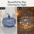 Indigo Blue Crackle Glass Pumpkin Light with 2 Lighting Modes and 6-Hour Timer, 5.5 x 6 Inch Battery Operated Fall Decor for Halloween, Thanksgiving and Christmas - Image 2