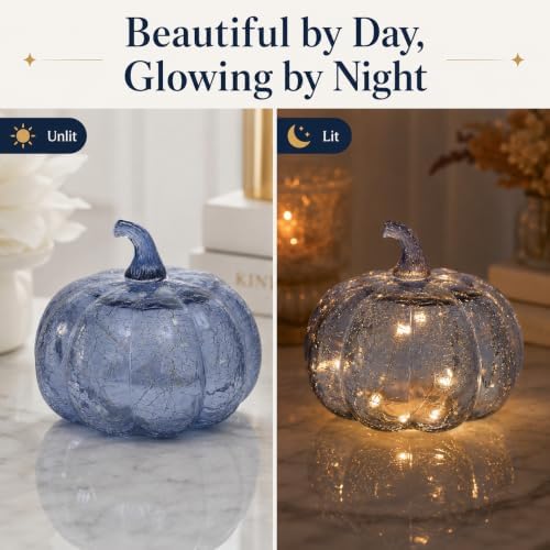 Indigo Blue Crackle Glass Pumpkin Light with 2 Lighting Modes and 6-Hour Timer, 5.5 x 6 Inch Battery Operated Fall Decor for Halloween, Thanksgiving and Christmas - Image 2