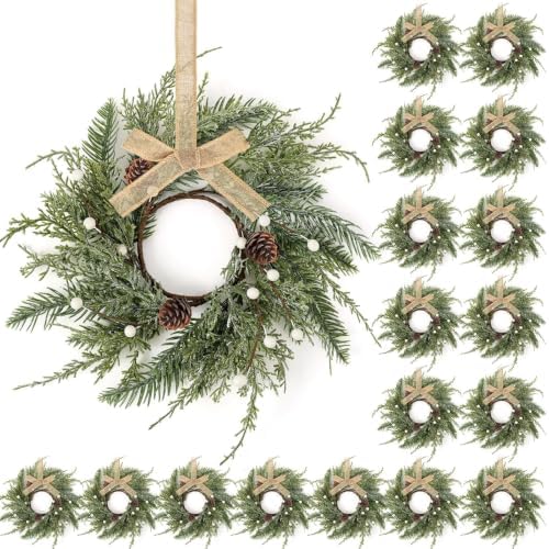 18 PCS Christmas Wreath Christmas Kitchen Cabinet Wreaths with Burlap Ribbon Mini Wreath Pine Garland Frosted Cedar Pine Cone Hanging Garlands Candle Rings for Front Door Window Chair Wall by Unknown
