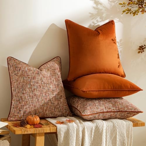 a moment Fall Orange 4 Pack Throw Pillow Covers - Chenille & Velvet Set with Piping, Farmhouse Textured Design Cushion Cases for Couch Sofa Bed (20x20 Inch, No Insert) - Image 3