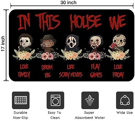 Halloween Horror Villains Welcome Doormat, in This House We Love Family Scary Movies Friday Vintage Non-Skid Floor Mat Decoration Kitchen Door Mat Bedroom Doormat 17x30 inch - Image 3
