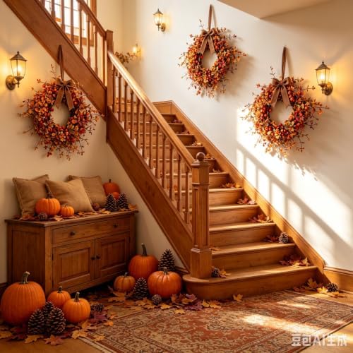 6 Pcs Small Fall Hanging Wreaths with Artificial Autumn Foliage Leaves Red Orange Berries Rustic Burlap Ribbon Mini Cabinet Wreath for Home Front Door Window Wall Farmhouse Thanksgiving Harvest Decor - Image 4