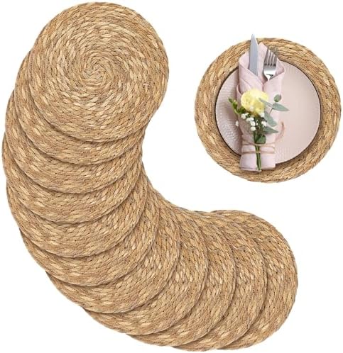 Aneco 12 Pack 12-Inch Round Woven Placemats Natural Hand-Woven Boho Rattan Wicker Bulrush Placemat Farmhouse Rustic Braided Table Mats for Dining & Kitchen Decor by Aneco