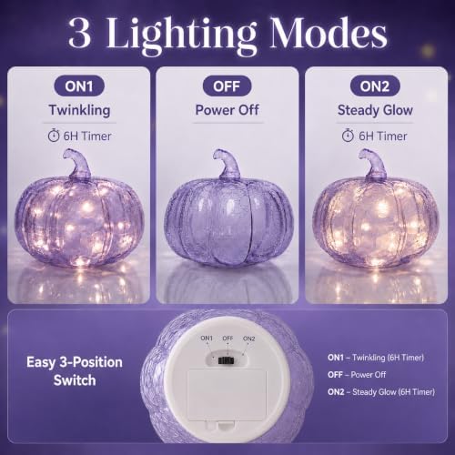 Lavender Crackle Glass Pumpkin Light, 5.5 Inch Battery Operated LED Pumpkin Decor with 6H Timer, Twinkle & Steady Glow, Fall Halloween Thanksgiving Christmas Table Decoration - Image 4