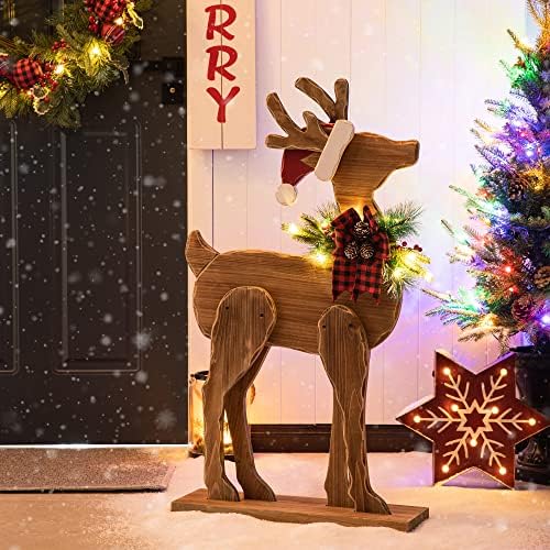 Glitzhome 36" H Lighted Wooden Christmas Chunky Reindeer Porch Sign Standing Deer Porch Decor Rustic Merry Christmas Welcome Sign Holiday Party Outdoor Indoor Xmas Decorations - Image 3