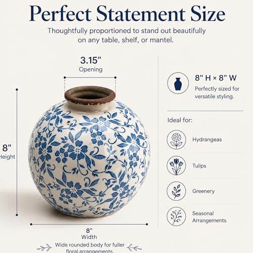 Blue and White Ceramic Vase 8”, Vintage Decorative Pottery Floral Vase for Hydrangeas, Crackle Glaze Chinoiserie Vase for French Country Rustic Farmhouse Coffee Table & Mantel Decor - Image 4