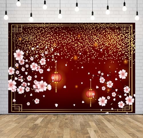 BELECO 12x10ft Fabric Chinese New Year Backdrop Lunar New Year Decorations Pink Cherry Blossoms Red Lanterns Spring Festival Background Party Decorations Banner Holiday Photoshoot Studio Props - Image 2