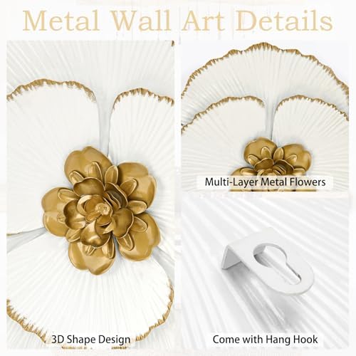 DILATATA 3 Pcs Metal Flower Wall Art Set 10 Inch Rustic Modern Floral Sculpture 3D Metal Flower Wall Hanging Accent for Indoor Living Room Bedroom Kitchen Bathroom Garden Patio Decor - White - Image 3
