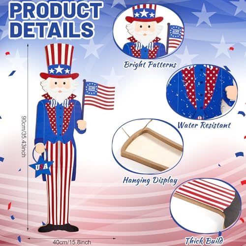 3FT Patriotic Uncle Sam Porch Sign 4th of July Wooden Door Decor, Large 250th Anniversary Memorial Day Front Door Decoration with USA Flag, Leaning or Hanging Outdoor Entryway Porch Decor - Image 2