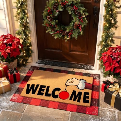 Tinideya 2 Pcs Christmas Door Mat Outdoor Layered Red and Black Welcome Mat - Image 3