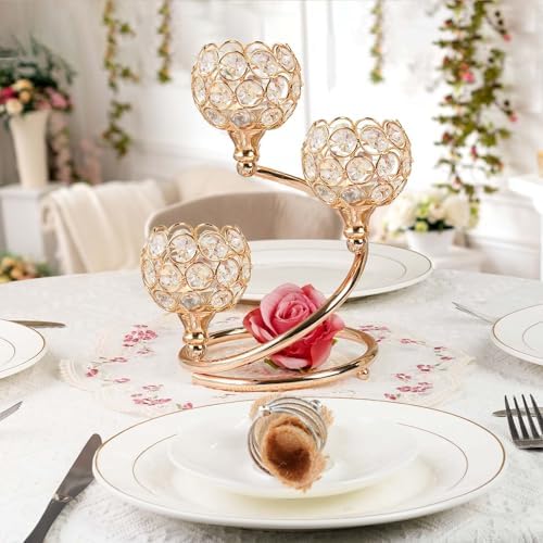 Metal Crystal Candle Holder Set of 2 - Elegant 3-Arm Metal Tea Light Centerpiece with Shining Crystal Bowl, Wedding Anniversary Table Decor for Dining, Party (Gold, 2 Pcs 3 Arm) - Image 6
