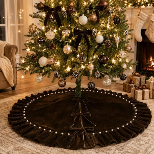 Dark Brown Velvet Christmas Tree Skirt, 60 Inch Christmas Tree Skirt with Ruffled Edge and Pearl Trim - Image 2