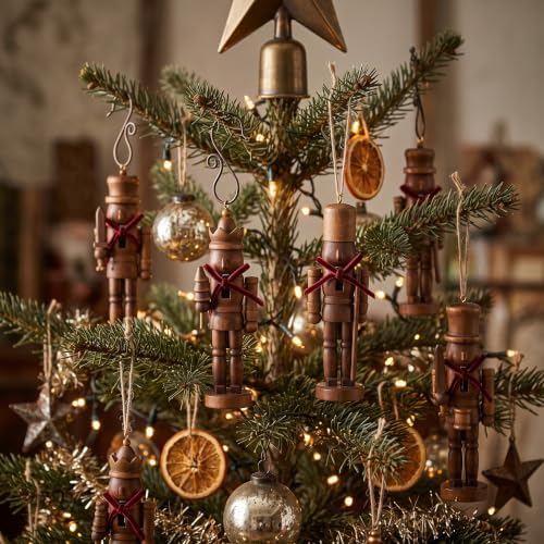 Amyhill 12 Pack Christmas Nutcracker Ornaments 5 Inch Rustic Wood Nutcracker Soldier Figurines with Velvet Bow and Hanging String Vintage Tree Decorations for Christmas Tree Mantle Holiday Decor - Image 6
