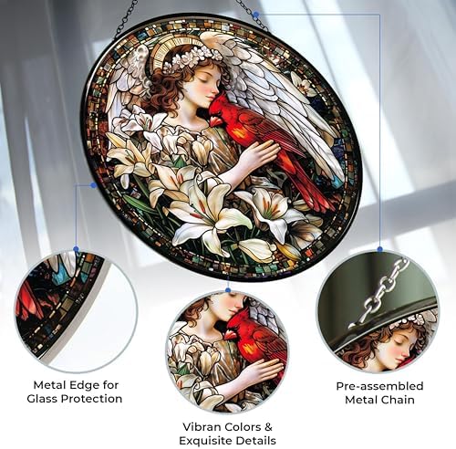Angel with Red Cardinal Stained Glass Suncatcher Window Hangings, Memorial Gifts for Women, Memorial Gifts for Loss of Dad Mom Loved One 11.8" - Image 3