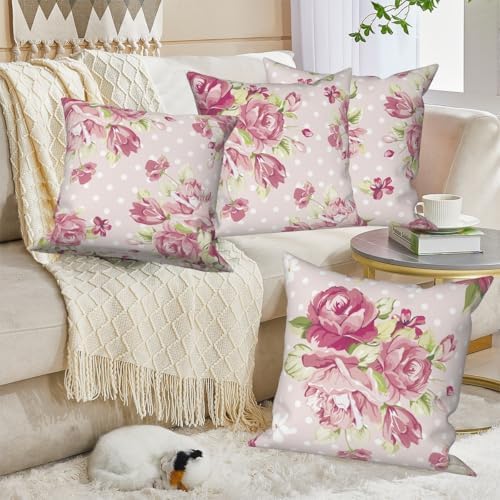 Red Flower Throw Pillow Covers 26"x26" Set of 4, Retro Floral Decorative Pillowcases for Sofa Chair Couch Bed Living Room Office Car Garden Patio Farmhouse Indoor Outdoor - Image 4