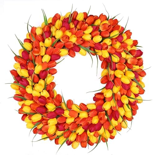 Realistic Tulip Wreaths for Front Door Floral Door Wreath for Spring Summer Fall Decor for Outdoor Indoor Window Wall Front Porch Farmhouse Home Easter Thanksgiving 22" Red Orange Yellow by Zmtyykh