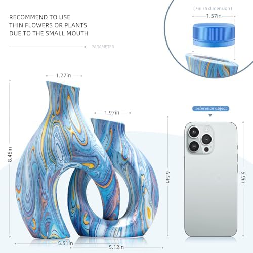 Blue Ceramic Flower Vase Set of 2, Unique Modern Decor by TZIZO - Image 3