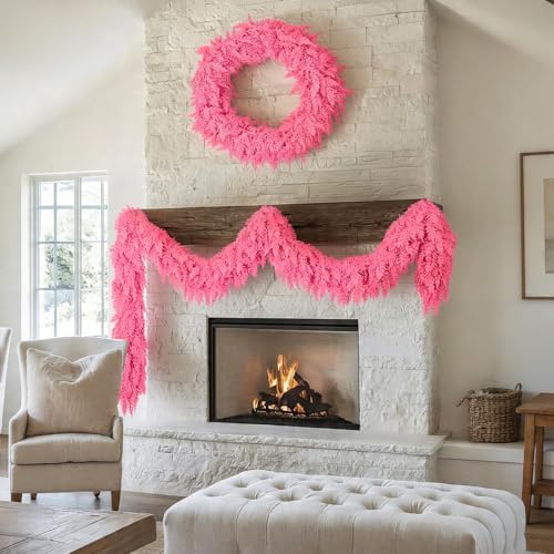 9Ft Halloween Cedar Garland,Pink Real Touch Soft Christmas Decorations - Image 7
