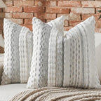 AmHoo Set of 2 Chenille Tufted Striped Textured Boho Throw Pillow Covers Aesthetic Woven Decorative Pillow Case for Couch Bed Sofa Bedroom Modern Funky 18 x 18-Inch White Grey - Image 2