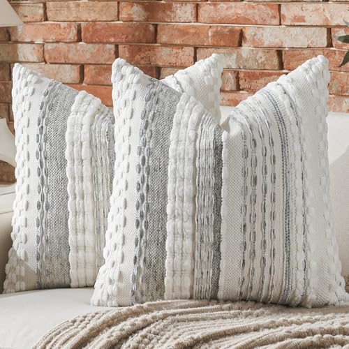 AmHoo Set of 2 Chenille Tufted Striped Textured Boho Throw Pillow Covers Aesthetic Woven Decorative Pillow Case for Couch Bed Sofa Bedroom Modern Funky 18 x 18-Inch White Grey - Image 2