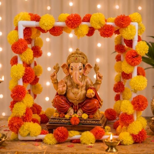 Ganpati Decor Marigold Garland with Mandap Tent Frame for Diwali Pooja by Kathfly