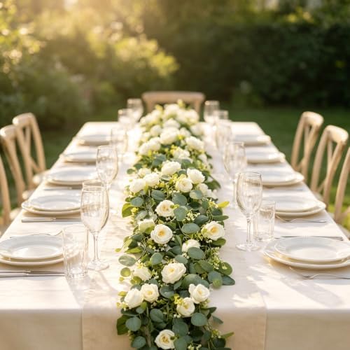 3Pcs 6Ft Artificial Eucalyptus Garland with White Roses Home Decoration - Image 7