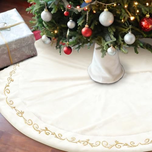HyDren 84 inch Velvet Christmas White Tree Skirt (Classical Style) by HyDren