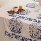 Hand Block Printed Cotton Table Runner, Boho Floral Table Setting Accent, Machine Washable Cotton Runner for Extended Dining Tables and Buffet Tables, 16x106 Inches - Blue & Ivory - Image 4