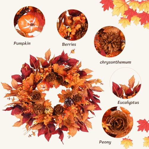 Artificial Fall Eucalyptus Wreath for Front Door with Pumpkin Berries 22" Autumn Wreath Fall Flowers Outdoor Wreaths for Home Proch Indoor Farmhouse Thanksgiving Wall Window Festival Decor - Image 2
