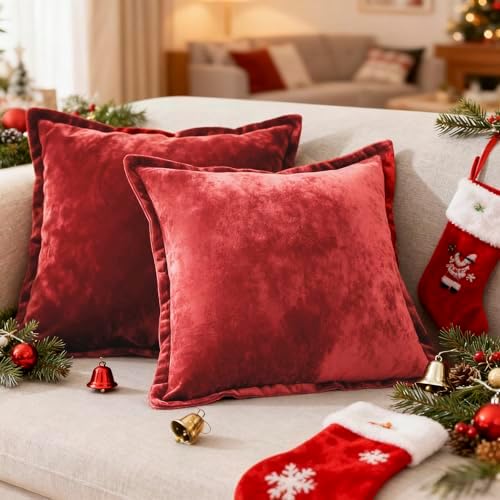 Luxurious Velvet Euro Shams Decorative Throw Pillow Covers 26x26 Set of 2 Solid Square Euro Pillow Shams for Sofa Couch Bedroom, Red by COCOPLOCEUS
