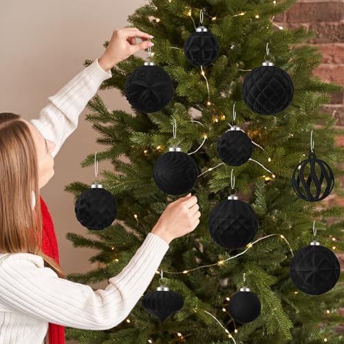 30pcs Velvet Christmas Ball Ornaments, Flocked Shatterproof Christmas Ornaments Hanging Xmas Tree Decorations Set for Home Party Holiday Decor (Multi-Size, Black) - Image 6