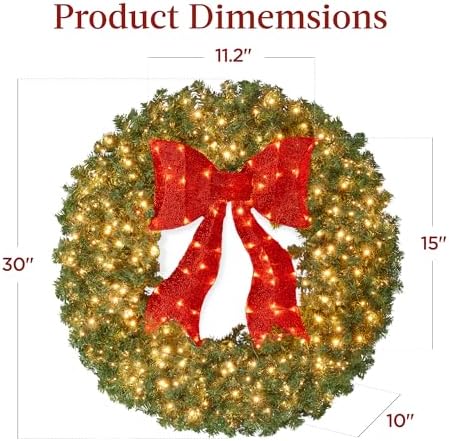 Best Choice Products 30in Large Artificial Pre-Lit Fir Christmas Wreath Holiday Accent Decoration for Door, Mantel w/Red Lighted Bow, 130 LED Lights, 220 PVC Tips, Power Plug-in - Image 6