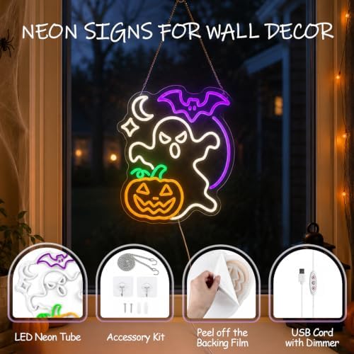 Ghost Halloween Neon Sign, Dimmable Pumpkin & Bat Neon Signs for Wall Decor - Image 2