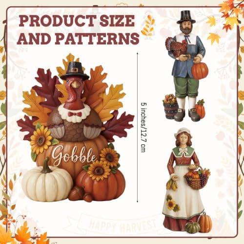 Simgoing 3 Pcs Fall Thanksgiving Figurine Resin Turkey Pilgrims Table Decor - Image 3
