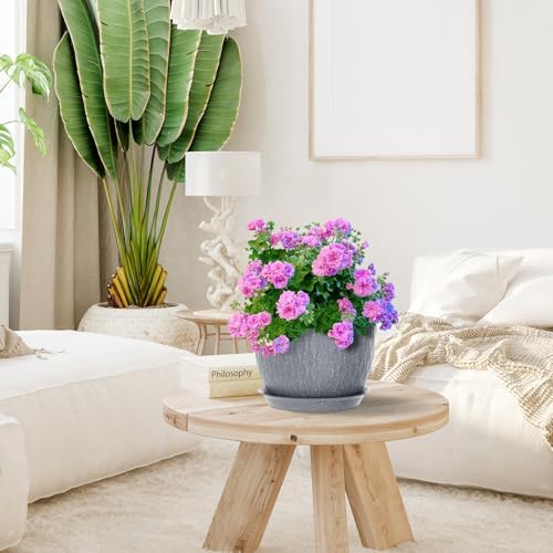 Meowell Large Flower Pots 12/10/9 inch, 3 Set Big Plant Pots for Outdoor Indoor Plants with Water Ripples, Wide Plastic Planters with Drainage Holes and Saucers for Garden House Plants, Speckled Grey - Image 5