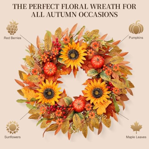Artificial Fall Wreath 24 Inch Fall Wreaths for Front Door - Image 4