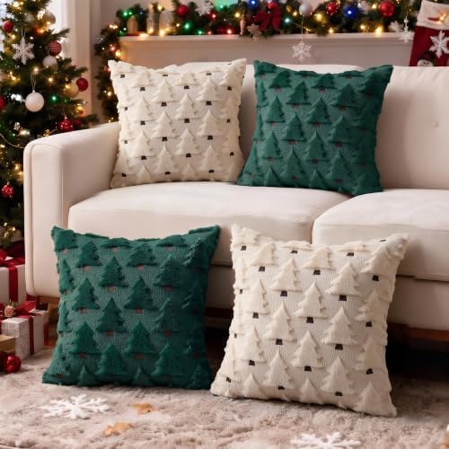 Christmas Throw Pillow Covers 20x20 inch Set of 4, Beige and Green Xmas Tree Holiday Winter Living Room Soft Fluffy Plush Faux Fur Wool Decorations for Sofa Couch Bed by Unknown