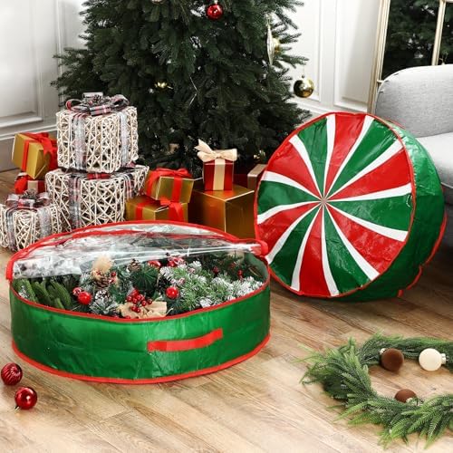4 Pack 36 Inch Wreath Storage Containers, Hard Shell Garland Storage Bags with Handle Dual Zipper, Large Red Green Round Storages Box for St. Patrick's Day Wreath - Image 4