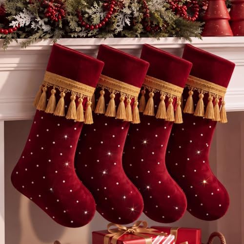 4 Pcs Large Velvet Luxury Christmas Stockings, Bling, Burgundy by PullCrease