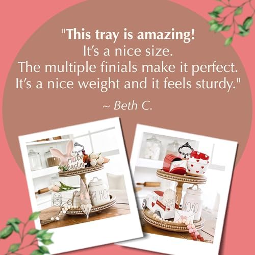 2 Tiered Tray Wooden Serving Stand by Felt Creative Home Goods. Small Beaded Tray for Home Decor Display Farmhouse Country Decoration Kitchen or Dining. Includes 3 Finial Custom Handles (Brown) - Image 5