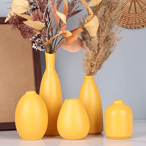 Yellow Ceramic Bud Vases Set of 5, Farmhouse & Fireplace Decor, Multipurpose Home Decoration for Living Room, Entrance, Bathroom, Kitchen & Office, Coffee Table Decor, Bulk Bud Vases - Image 4
