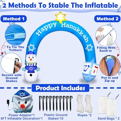 8 FT Hanukkah Inflatable Outdoor Decorations-Giant Chanukah Blow Up Inflatable Arch with Snowmen & Dreidel-Built in 5 LED Lights,Hanukkah Outdoor Decorations for Holiday Lawn Yard Garden Decor - Image 4